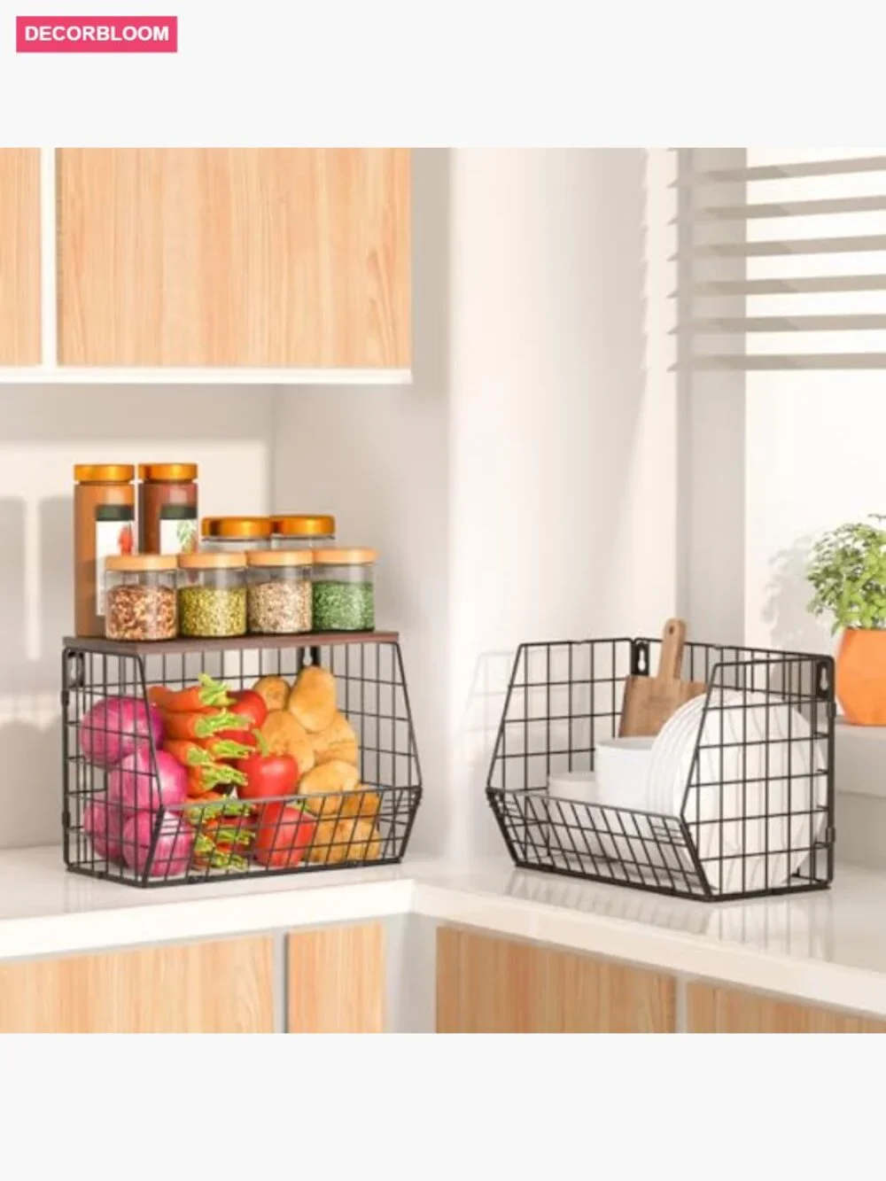 2 Tier Stackable Fruit Basket with Banana Hooks, Wall Mountable